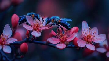 Two Vibrant Blue Bees Pollinating Delicate Pink Blossoms in Springtime photo