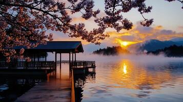 Serene Sunrise over Misty Lake with Wooden Pavilion and Cherry Blossoms A picturesque view of a tranquil lake at dawn photo