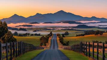 Serene Sunrise Landscape Misty Valley Road Winding Through Rolling Green Fields towards Majestic Mountains photo