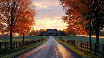 Picturesque Autumn Countryside Scene Long Driveway to House Colorful Trees Wooden Fence photo