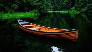 Serene Wooden Rowboat on a Calm Forest Lake Tranquil Nature Scene Peaceful Water Reflection photo