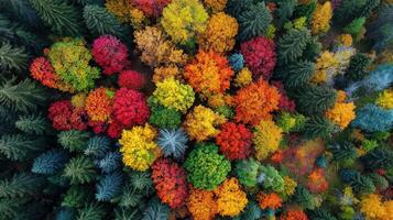 Aerial View of Colorful Autumn Forest Trees Showing Vivid Red Yellow Orange and Green Foliage photo