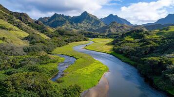 Serene River Winding Through Lush Green Valley and Majestic Mountains a Stunning Landscape Panorama photo