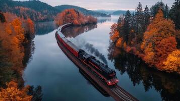 Scenic Autumn Train Journey beside a Calm LakeSurrounded by Vibrant Fall Foliage photo