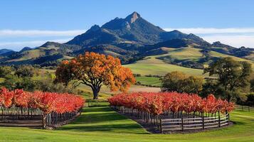 Scenic Autumn Vineyard Landscape with Mountain View Red Grapevines and Colorful Tree Under Blue Sky photo