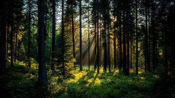Sunbeams filtering through a dense forest of tall trees at sunrise creating a magical atmosphere photo