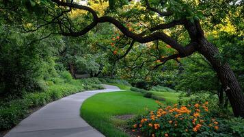 Serene Park Pathway Winding Through Lush Greenery and Blooming Orange Flowers A Tranquil Garden Scene photo