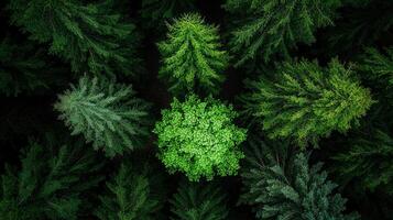 Aerial View of Lush Green Forest Canopy Diverse Treetops Overhead Shot photo