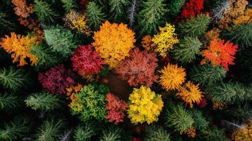 Aerial View of Autumn Forest Colorful Trees Overhead Shot Fall Foliage Landscape photo