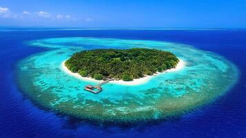 Tropical Island Paradise Stunning Aerial View of Lush Green Island Surrounded by Vibrant Turquoise Water and Coral Reefs photo