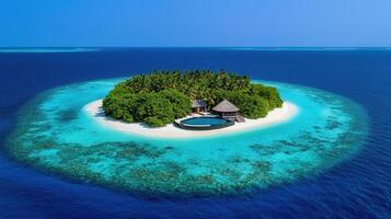 Secluded Tropical Island Paradise Getaway Stunning Aerial View of Private Beach Villa with Pool and Lush Greenery photo
