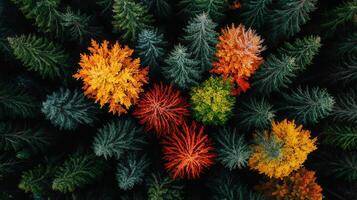 Aerial View of Autumn Forest Colorful Trees Overhead Shot Nature Background photo