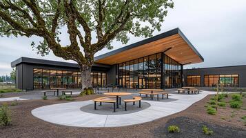 Modern School Building Exterior with Outdoor Patio and Large Tree Spacious Design Ideal for Students and Staff photo