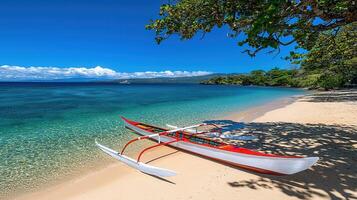Serene Tropical Beach Scene Outrigger Canoe on Pristine Sand Under a Sunny Sky photo