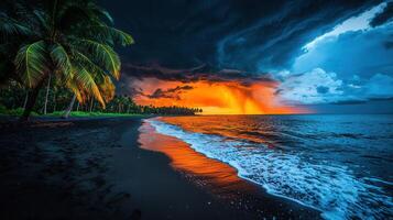 Dramatic Tropical Sunset Over Black Sand Beach Palm Trees Ocean Waves photo