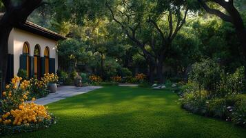 Lush Garden Scene Mediterranean House with Vibrant Landscaping and Sunny Lawn photo