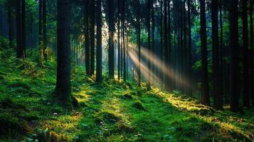 Sunbeams Illuminate Lush Green Forest Floor Sunlight through Trees Tranquil Nature Scene photo