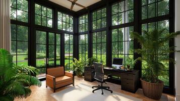 Modern Home Office with Large Windows Green View and Plants Luxurious Workspace Design photo