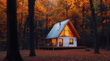 Cozy A frame cabin nestled in autumn forest Illuminated windows glow warmly Perfect fall getaway photo
