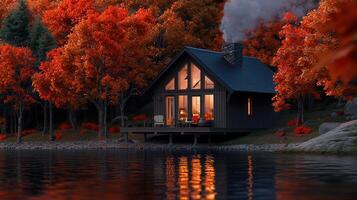 Cozy Autumn Cabin by Lake with Stunning Red Foliage Scenic View A perfect fall getaway image photo