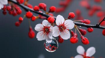 Delicate White Blossoms and Red Buds on Branch with Water Droplet Reflection photo