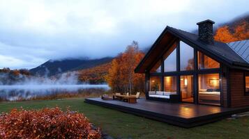 Modern Cabin Lakeside Autumn Retreat Cozy Fall Getaway Mountain View Vacation Home photo