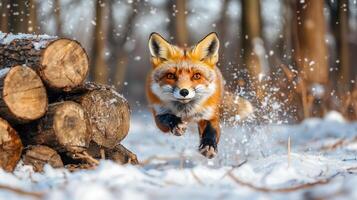 Red Fox Running Through Snowy Winter Forest Near Woodpile A Stunning Wildlife Image photo