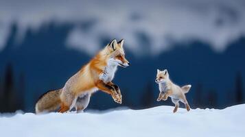 Red Fox and Kit Playing in Snowy Winter Landscape A Majestic Scene of Wildlife in Nature photo