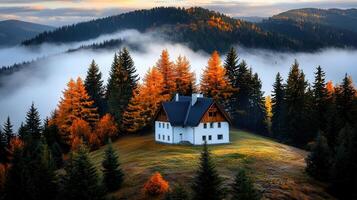 Secluded Mountain Cabin Autumn Scenery Foggy Landscape Cozy House in Forest photo