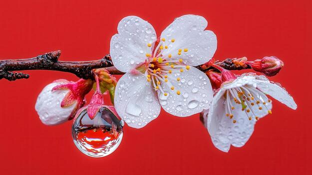 Delicate White Flowers Blossom Branch with Dew Drops on Red Background Macro photo