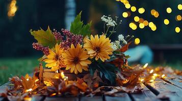 Autumnal Flowers in Wooden Box with Fairy Lights and Fall Leaves on Rustic Table photo