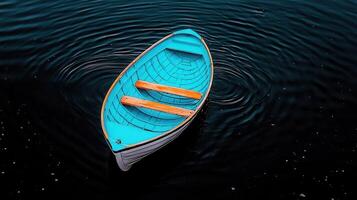Serene Teal Rowboat on Dark Blue Water Peaceful lake scene with small boat photo