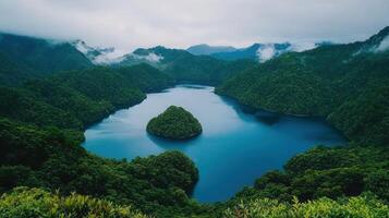 Serene Blue Lake Surrounded by Lush Green Mountains a Breathtaking View of Nature s Beauty photo