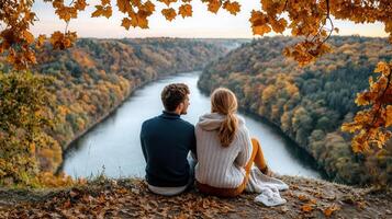 Couple enjoying autumn view from scenic overlook river valley fall foliage photo