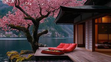 Tranquil Lakeside Japanese House with Cherry Blossoms and Red Cushions Peaceful Zen Garden Setting photo