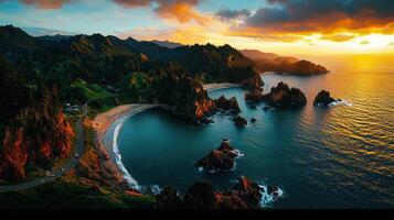 Stunning coastal highway sunset landscape scenic view with ocean waves crashing on the beach near rocky cliffs photo
