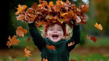 Happy Toddler Girl Playing in Autumn Leaves Joyful Child Enjoying Fall Season Outdoor Fun photo