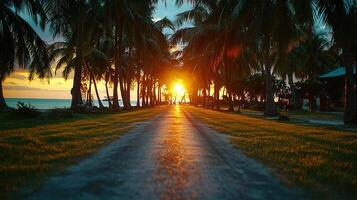 Scenic Sunset View Tropical Beach Pathway Palm Trees Ocean Paradise photo
