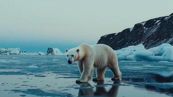 Majestic Polar Bear Walking on Arctic Ice Floes near a Rocky Coastline in the Cold Arctic Ocean photo