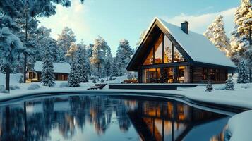 Luxurious A Frame Cabin in Snowy Winter Wonderland Forest Landscape photo
