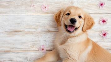 Adorable Golden Retriever Puppy Lying on White Wooden Background with Pink Flowers Springtime Pet photo