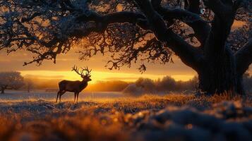 Majestic Stag Silhouetted at Sunrise A Winter Wonderland Scene with a Large Oak Tree photo