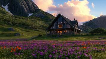 A frame Cabin nestled in Mountain Valley Meadow Wildflowers Sunset photo