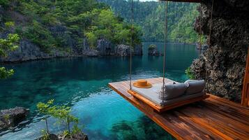 Serene Overwater Daybed Swinging Gently Above Turquoise Lagoon Paradise Tropical Getaway photo