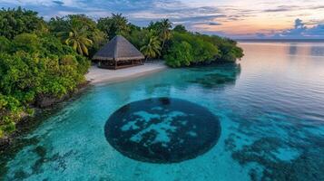 Tropical Island Paradise Sunset Over Crystal Clear Water and Beach Hut photo