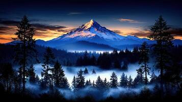 Majestic snow capped mountain peak at sunrise over a misty forest Serene landscape showcasing nature s beauty photo