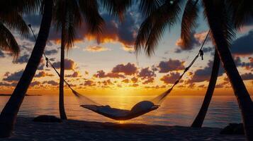 Serene Sunset Hammock Scene on Tropical Beach Relaxing Vacation Paradise Idyll photo