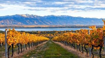 Autumn Vineyard Landscape with Mountain View and Lake Scenic Beauty Golden Vines and Crisp Fall Colors photo