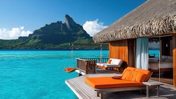 Luxurious Overwater Bungalow with Stunning Ocean View and Tropical Island Scenery Relaxing Deck with Daybed and Swing photo