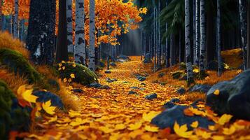 Autumnal Forest Path Golden Leaves and Birch Trees Pathway A scenic trail covered in fallen autumn leaves photo